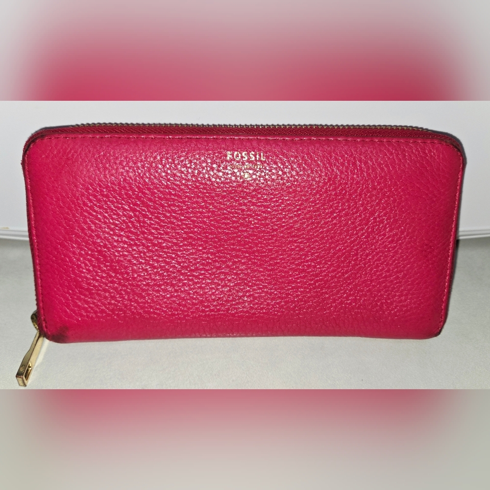 Fossil Leather Sydney Zip Around Clutch Wallet Pink